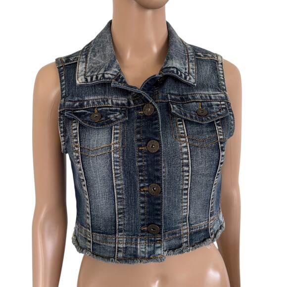 Y2K Mudd Cropped Micro Denim Vest Streetwear Casual Fitted Distressed Blue Jean - Picture 3 of 8